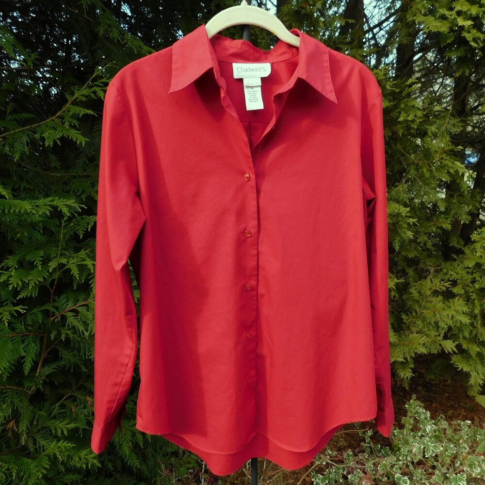 Chadwicks Red Cotton Buttondown Top with Rounded Hem